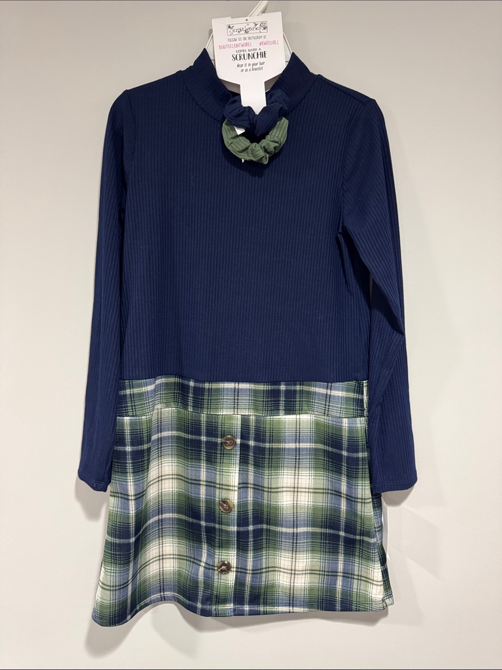 Knitworks Navy & Green Plaid Two-Tone Girls Casual Dress with Scrunchies NWT